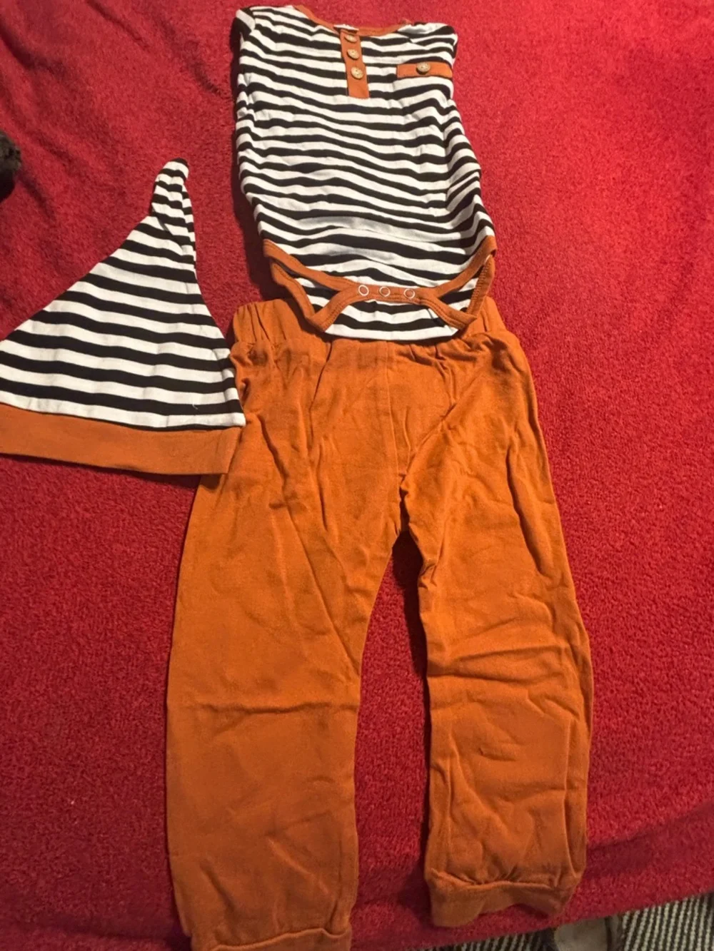 Striped Black & White Bodysuit with Orange Pants and Hat - Kids Size 12-18 month